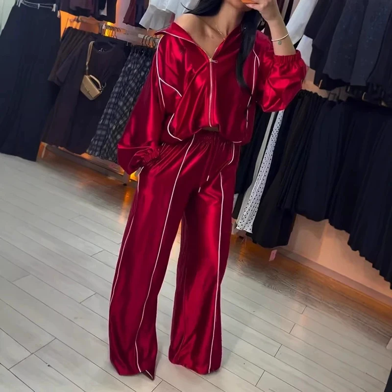 

Женский повседневный спортивный костюм с длинными рукавами: элегантный комплект из 2 предметов с контрастными цветами, свободный крой, модный кардиган на молнии и брюки