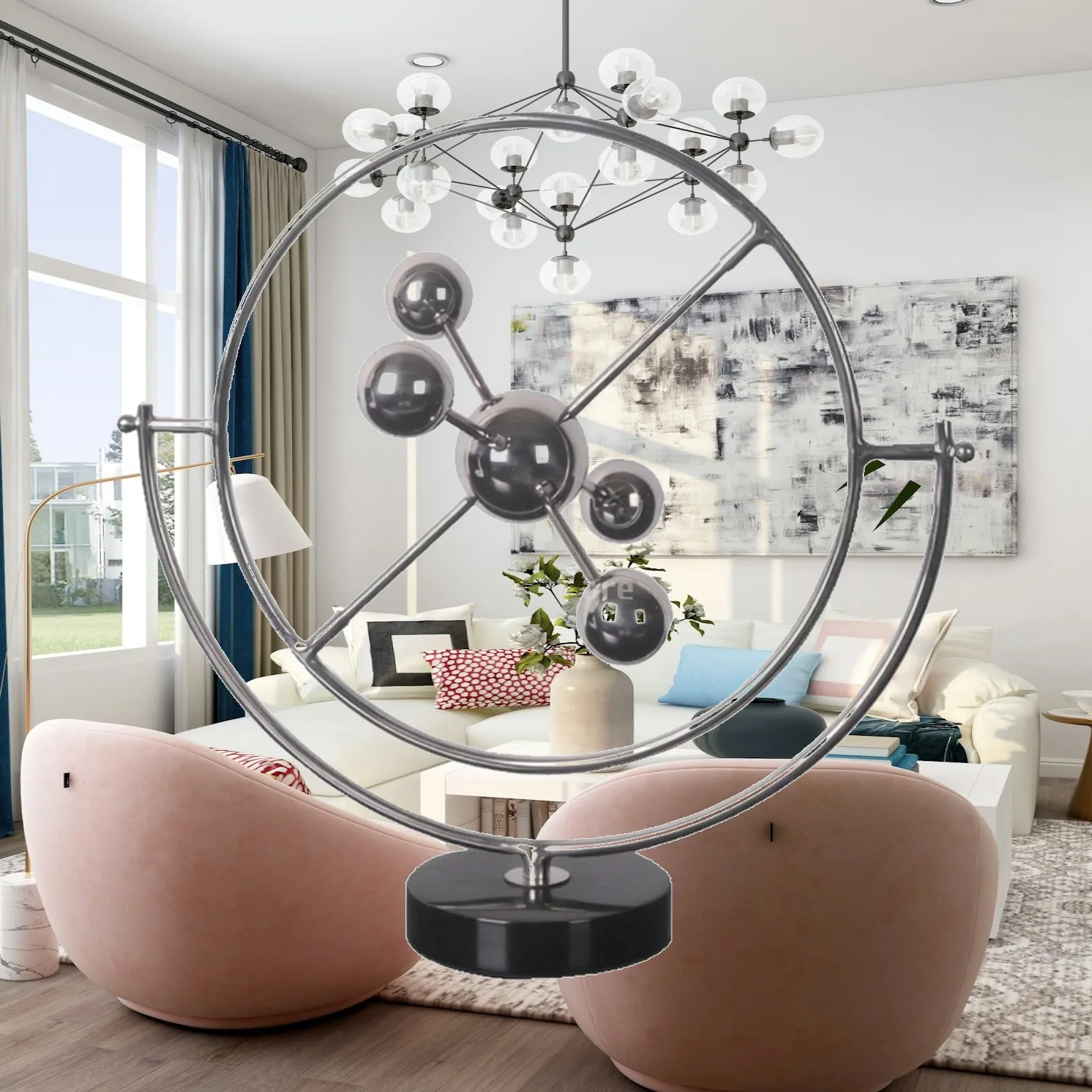 Geometric Sculpture Modern Metal Loop Sculpture Sphere Decor Silver Tabletop Decor Abstract for Interior Designers, Living Room