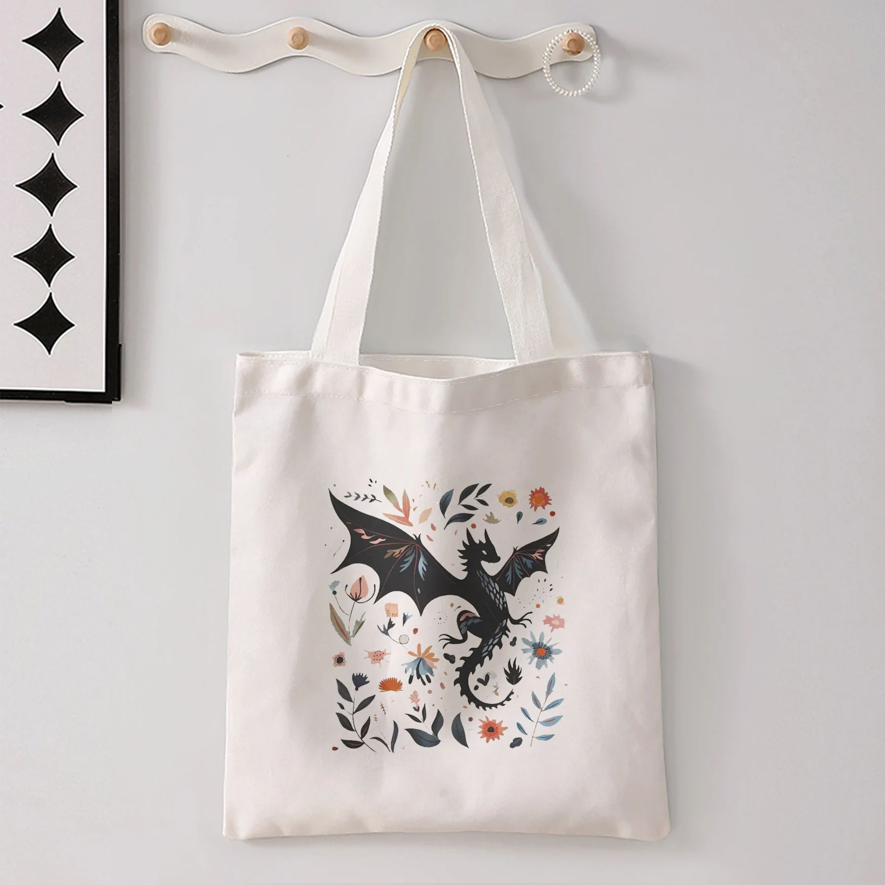 Floral Black Dragon Print Tote Bag Large Shoulder Handbag For Shopping Daily Commute