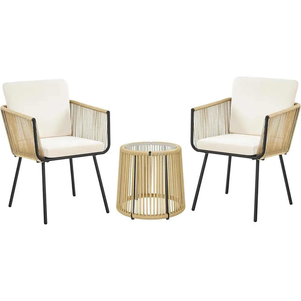 

Outdoor PE Wicker 3-Piece Bistro Set with 2 Chairs, Glass Top Table, and Cushions for Patio, Porch, Garden, or Yard in Tan/Cream