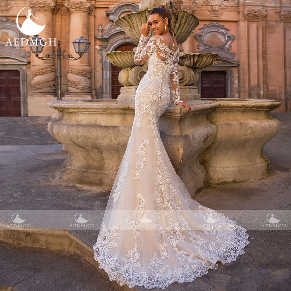 Aedmgh-vestidos De Novia De sirena, traje De manga larga con escote Corazón, apliques De Novia, tren desmontable, bata De princesa De Mariee, 2024