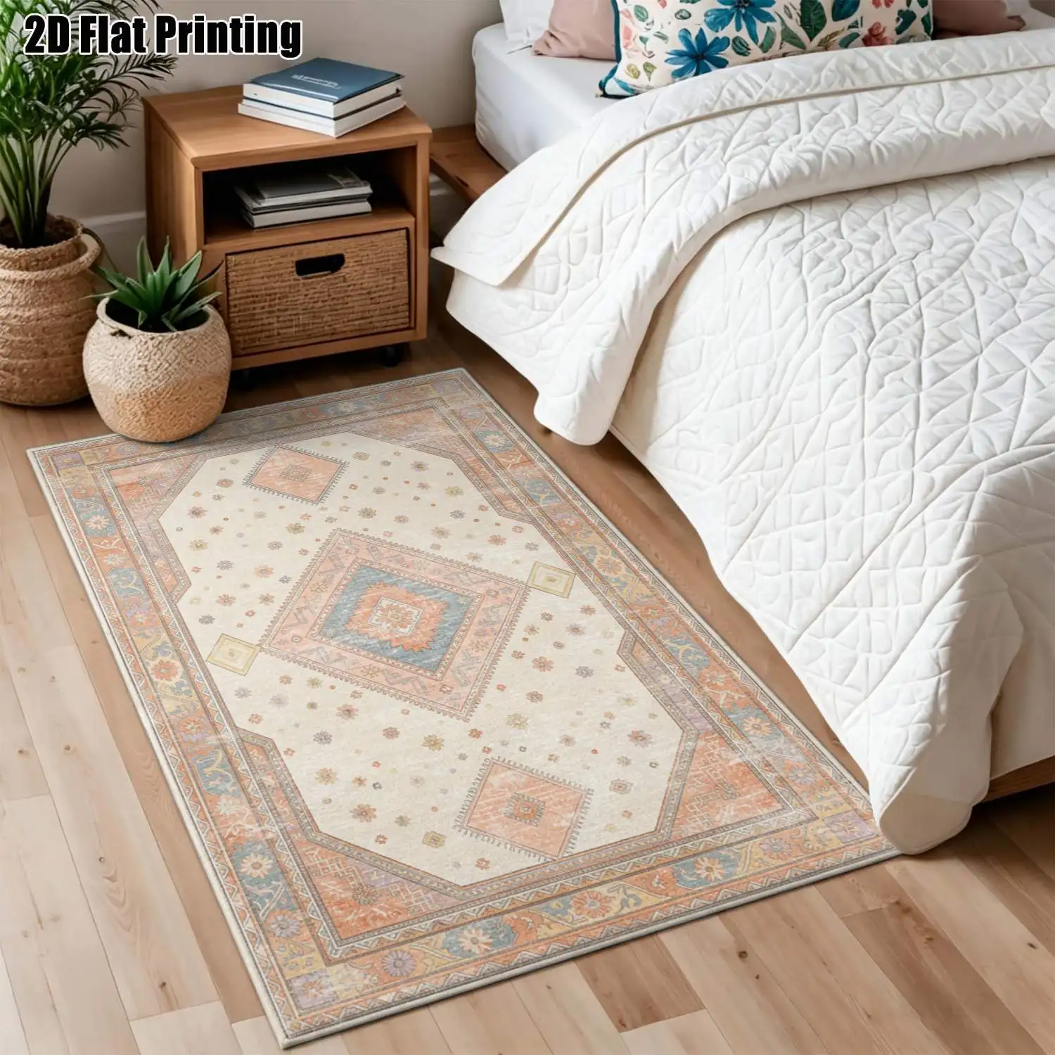 1Pc 2D Printed Retro Ethnic Patterned Carpet, Navy Blue & Off-White, Vintage European Bohemian Style, Machine Washable, Multi-Size, for Home Decor & Multi-Scene Use