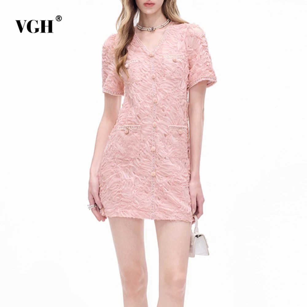 

VGH French Style Sweet Slimming Solid Dresses For Women V Neck Short Sleeve High Waist Spring Temperament Dress Female Fashion