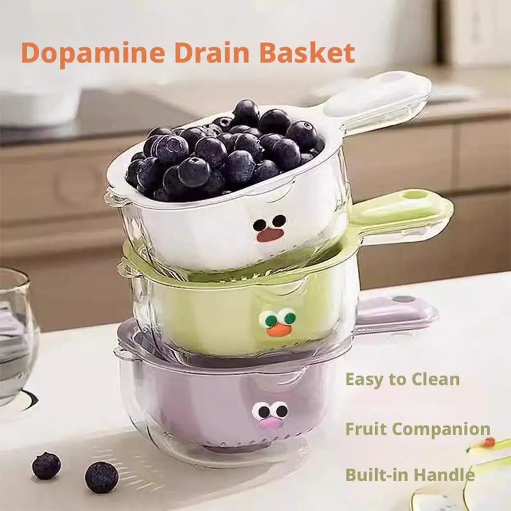 Cute Cartoon 2-in-1 Fruit Drain Basket Detachable Strainer Bowl with Handle Easy Washing & Draining Berries, Vegetables