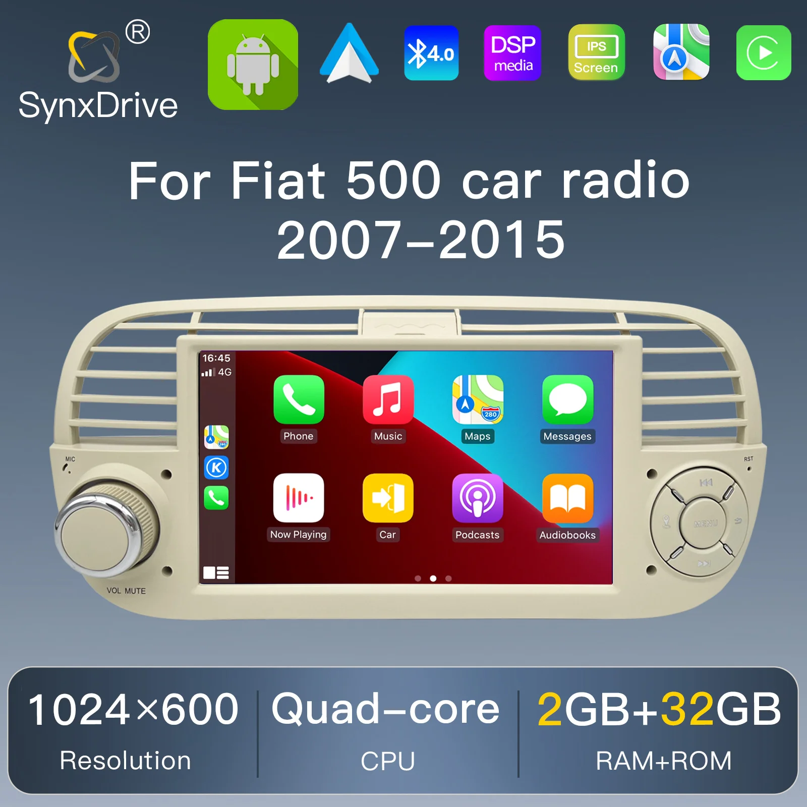 AutoRadio Android 14 con CarPlay Inalámbrico de 7" para FIAT 500 500C Abarth 2007-2015, Pantalla, Navegación GPS, Reproductor Multimedia para Auto, WiFi, Bluetooth, Unidad Principal Estéreo