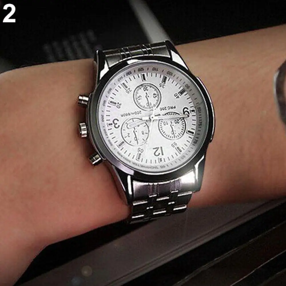 Men Fashion Stainless Steel Glow in The Dark Pointer Blue Ray Glass Wrist Watch