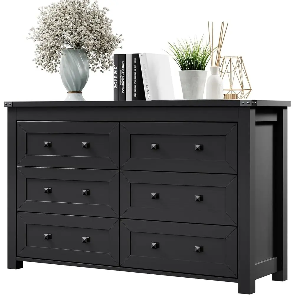 6-Drawer Bedroom Furniture Set with Wooden Chest, Metal Handle Storage Solutions for Living Spaces and Hallway, Black