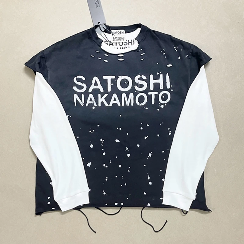 Vintage Trend Satoshi Nakamoto Long Sleeves High Quality Daily Casual Splashed Ink Pattern T-shirt Streetwear