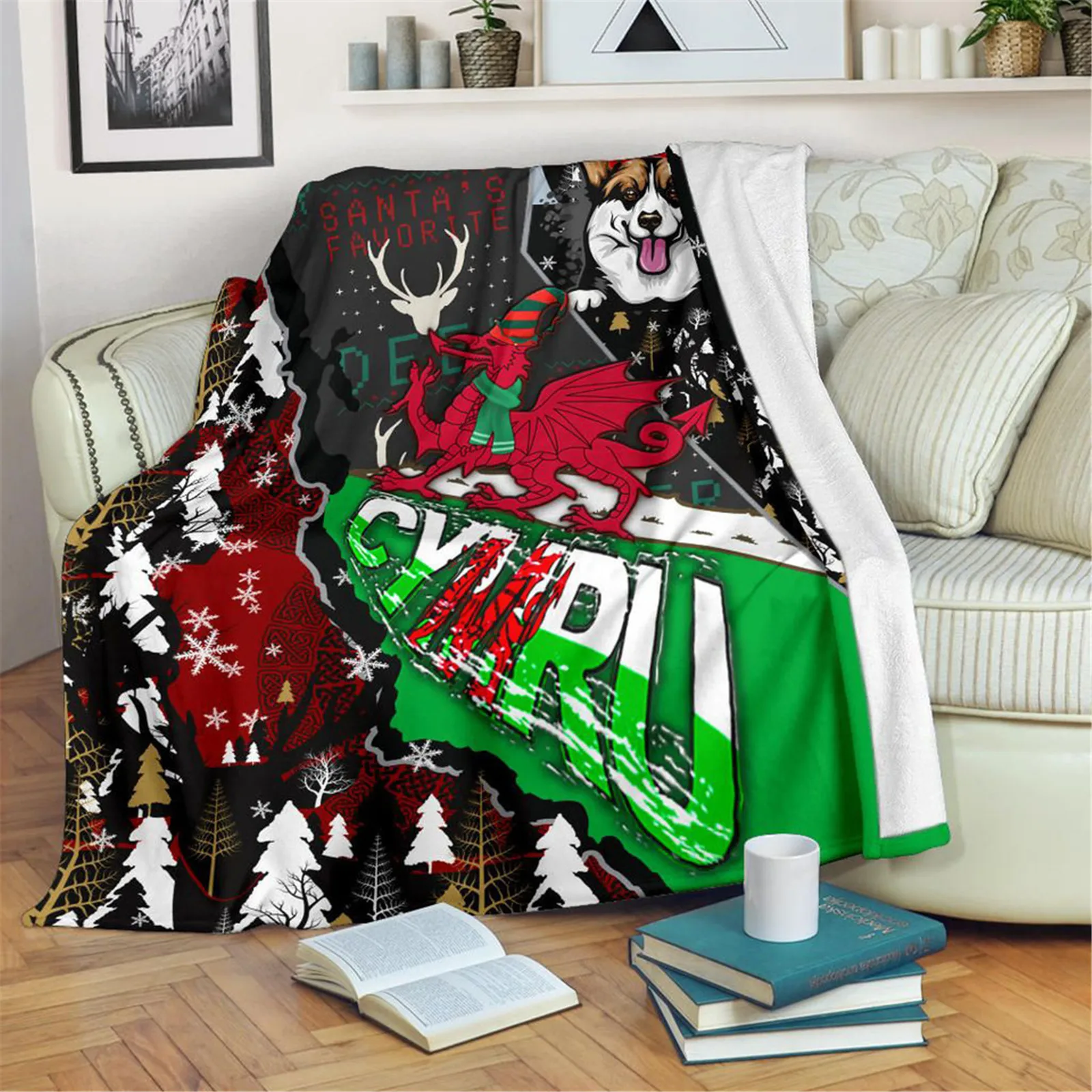 KACISSTY Merry Celtic Christmas Nadolig Llawen and Pembroke Welsh Corgi Premium Flannel Blankets Thin Office Nap Quilts