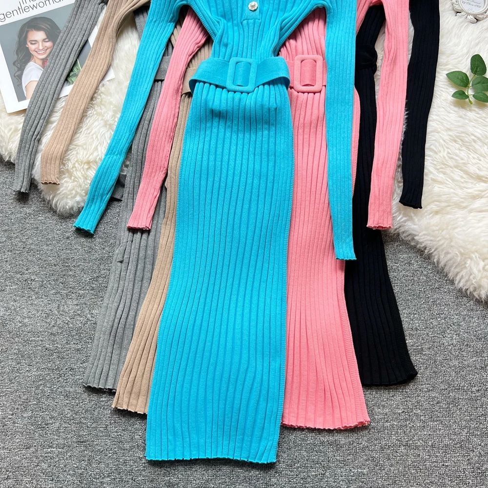 YuooMuoo YuooMuoo シックな美的女性ドレス 2025 秋冬 V ネックボタンニットロングドレスベルトレディパーティー Vestidos