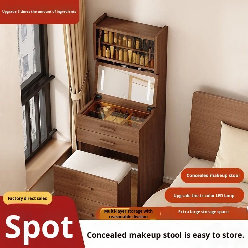 Narrow New Chinese Style Small High-End Rubber Wood Bedroom Dressing Table Hidden Storage LED Lighting  Makeup
