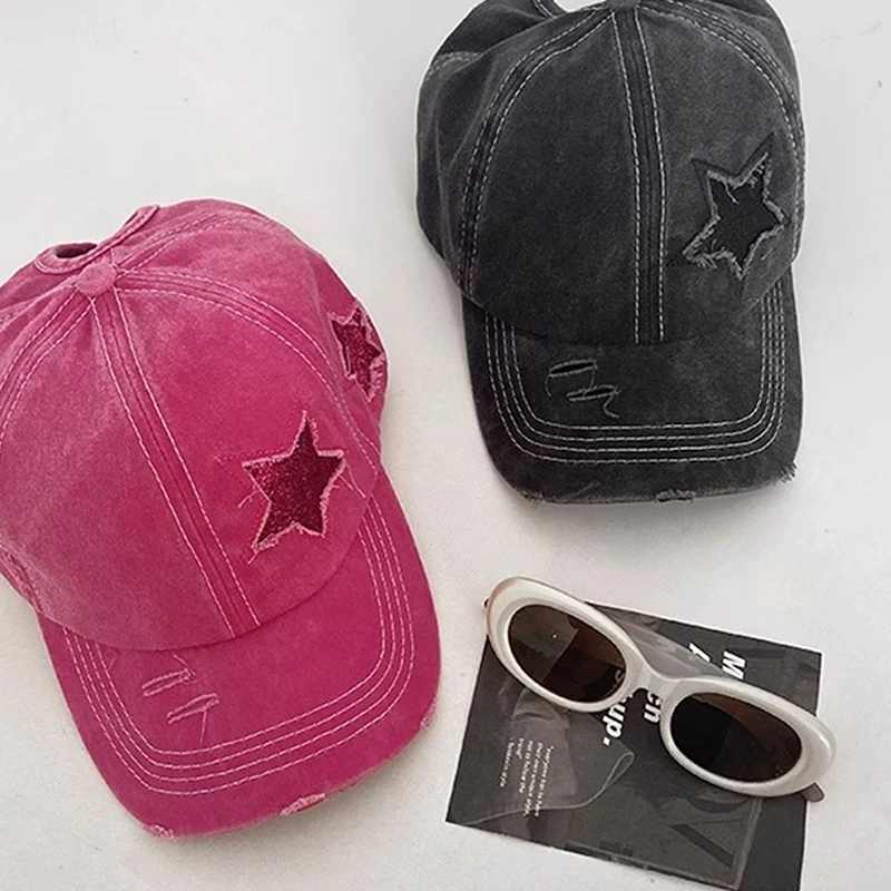 High Ponytail Baseball Cap For Women Snapback Hat Bone Hip Hop Adjustable Distressed Star Dad Hats Casquettes Female