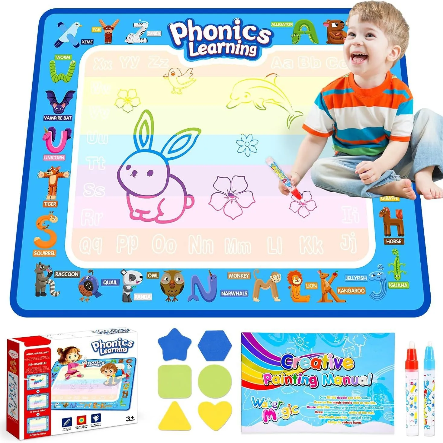 Colorful Kids Water Drawing Mat 100x70cm Cartoon Painting Pad Reusable Doodle Water Writing Cloth Color Box Pack for Ages 4 to 6