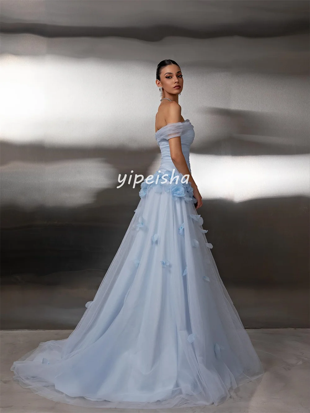 Personalizado moda formal tule artesanal flor plissado a linha fora do ombro vestidos longos sob medida vestidos de ocasião elegante