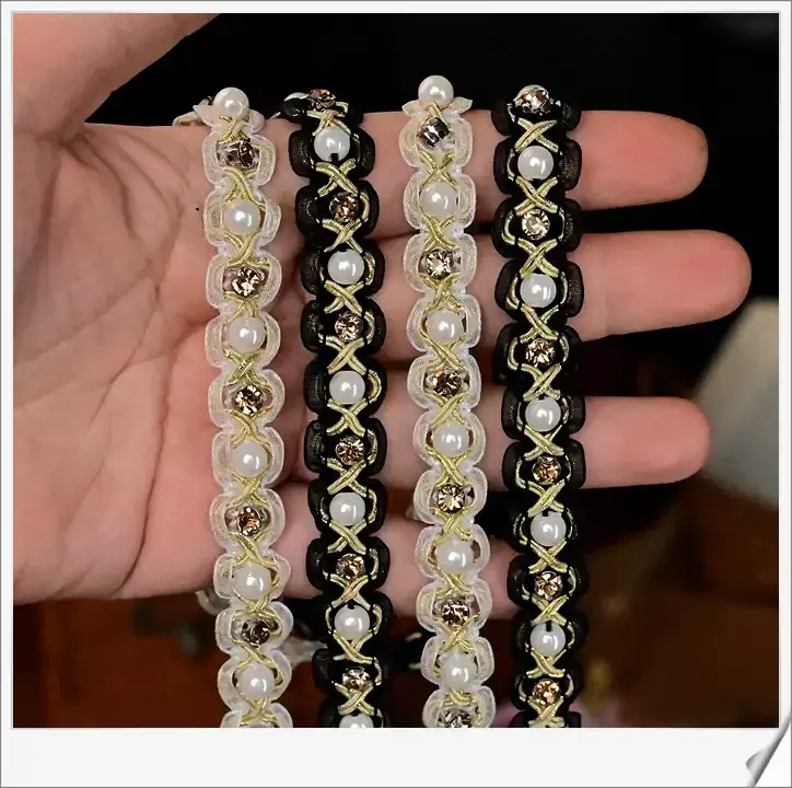 1yard 1.3cm width dress hat shoe etc handmade DIY material Retro ribbon bead rhinestone pearl ribbon lace trim