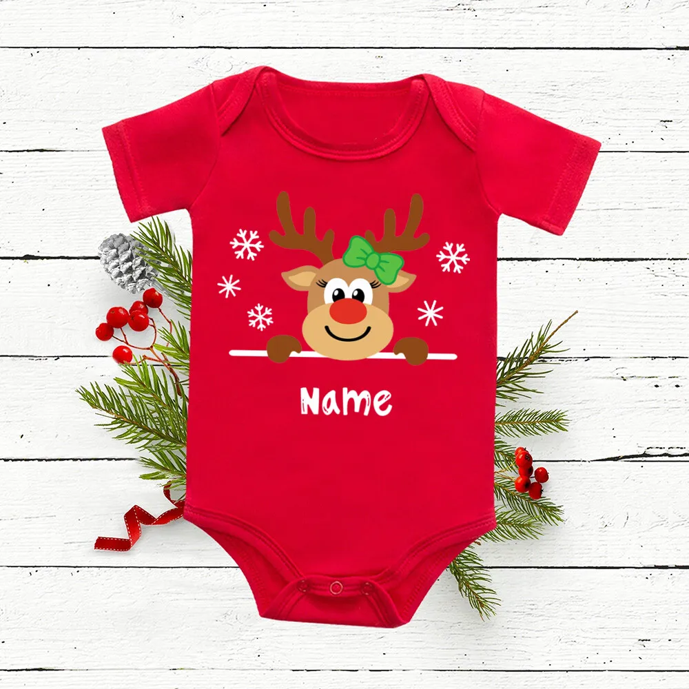 

Personalized Baby Christmas Romper Deer with Name Newborn Bodysuit Infant Red Cotton Junpsuit Toddler Xmas Outfit Clothes