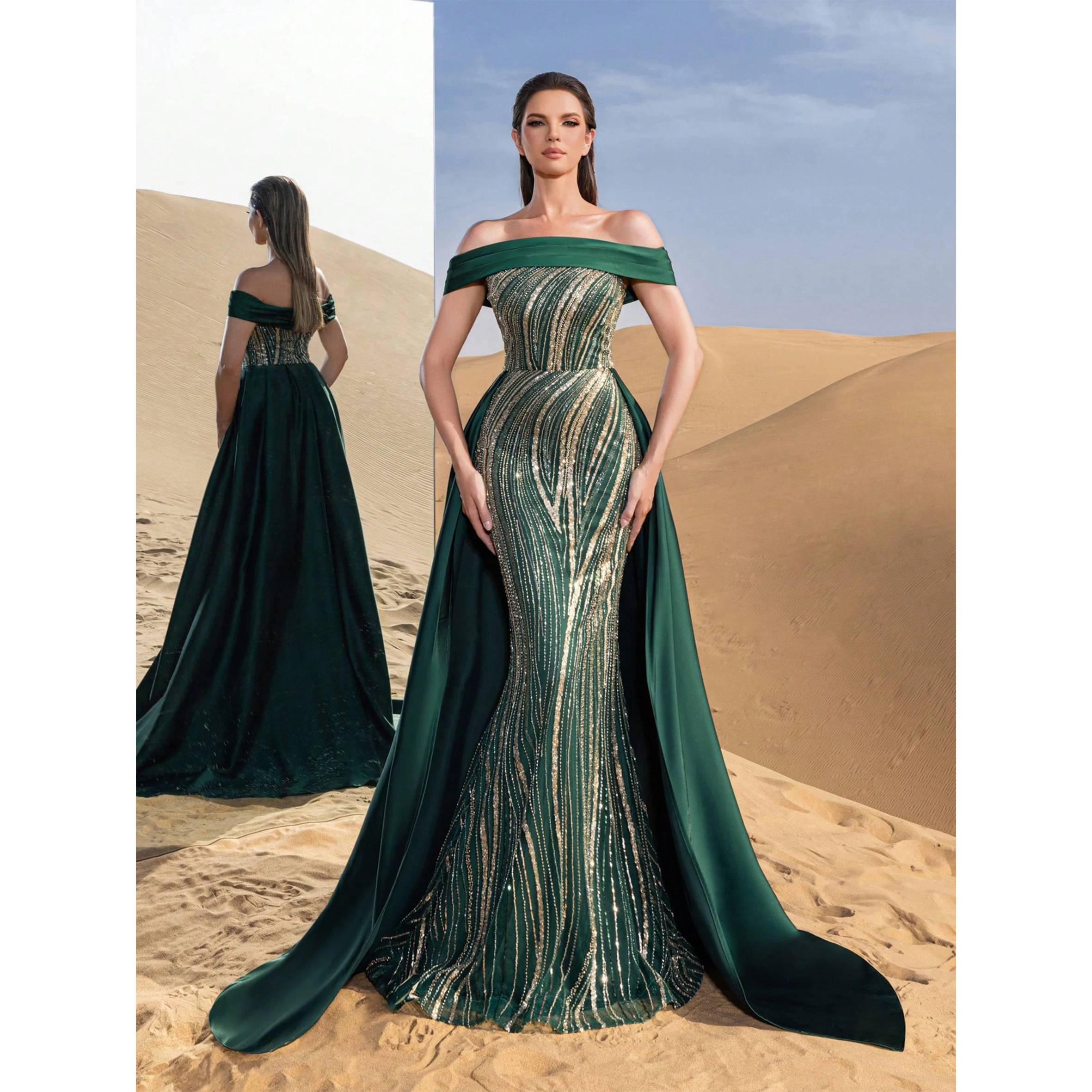 

Gorgeous Off Shoulder Mermaid Hem Satin Train Graphic Sequin Beaded Formal Dresses & Evening Gowns