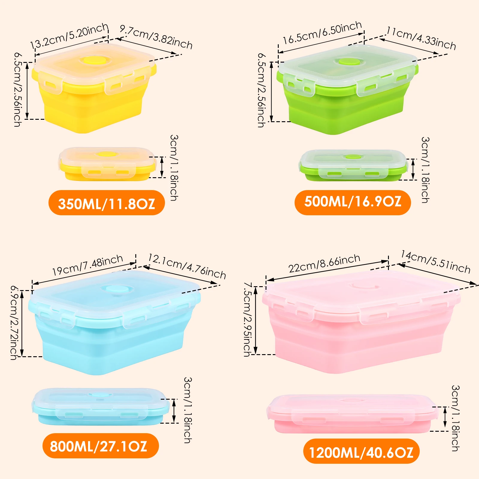 4Pc Collapsible Food Storage Container Silicone Food Container with Lid Heat Resistant Lunch Box Stackable Food Bowl for Kitchen