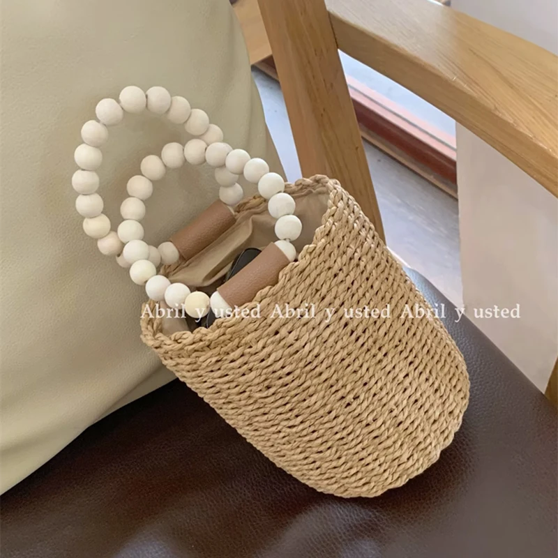 

Vintage Straw Woven Small Bucket Bags White Designer Wood Handle Barrel-shaped Travel Casual Large Capacity Beach Handbags