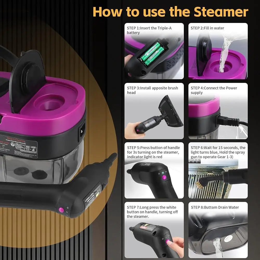 Portable Steam Cleaner 3-Level Adjustable Handle 15s Heat-Up Deep Cleaning Powerful Steamer with 10 Accessories Home and Kitchen