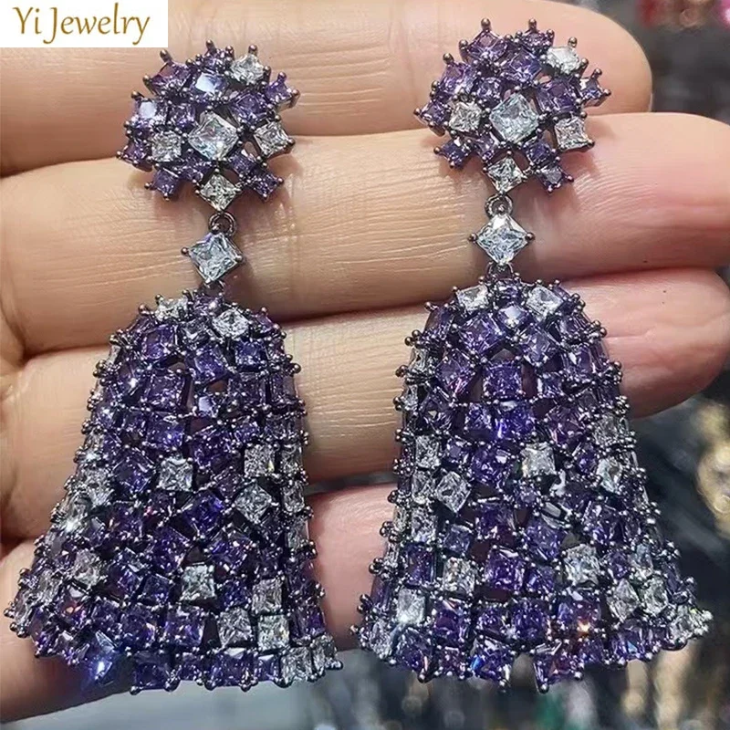 Gorgeous Earrings for Women Luxury Jewelry Wedding Evening Party Shiny Zircon Purple Red White Big Bell Dangle Earrings Gift