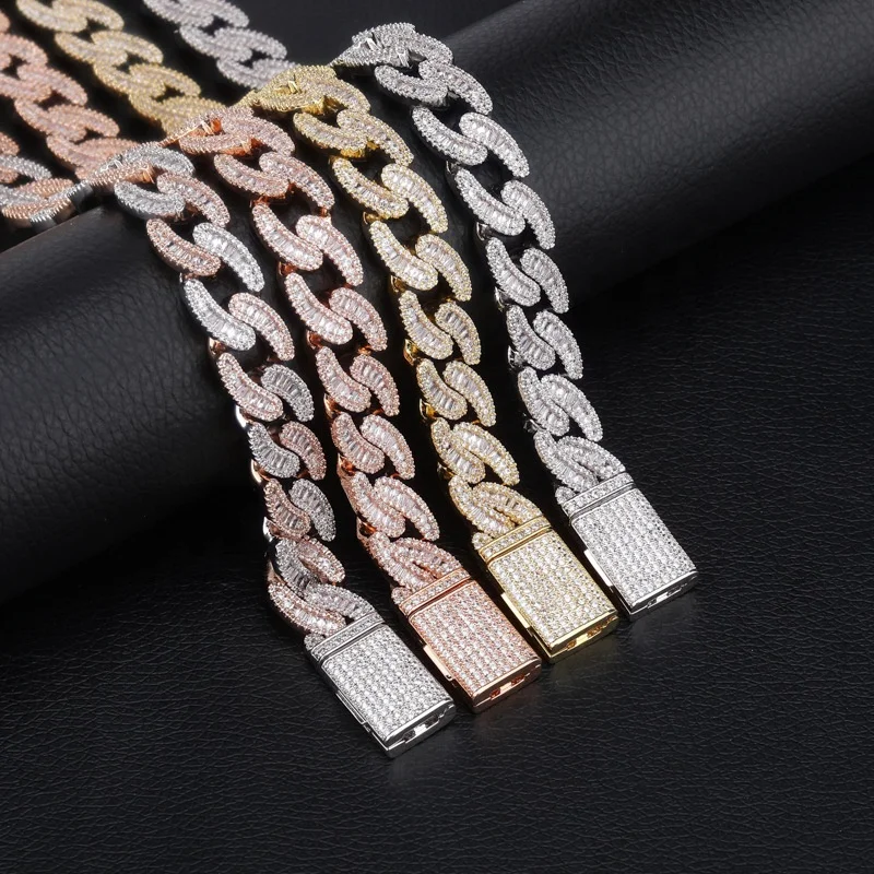 

14mm New CZ Prong Setting Cuban Link Chain Heavy Miami Baguette Zirconia Iced Out Cuban Link Necklace Bling Bling HipHop Jewelry