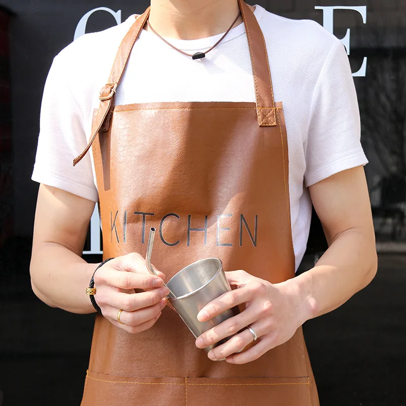 Nordic Pu Leather Waterproof Neck Apron Oversized Pockets Stain and Oil Resistant Easy to Clean Barista Barber Work Apron