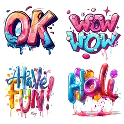 2PCS 22cm Cartoon Fun Letter Stickers Hello Wow Ok Heat Transfer Printing Ironing Patch Stickers Cute Vinyl Stickers Clothes