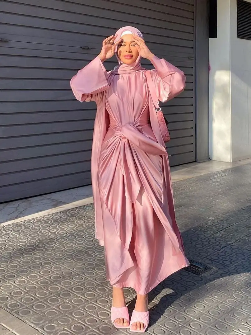 Ins Fashion Djellaba Muslim Sets 2 Piece Silky Muslim Suits Elegant Long Islamic Women Modest Wear Clothing Satin EID Sets WY935