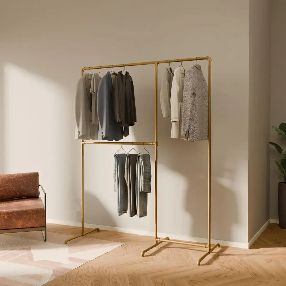 

Gold Clothing Rack 59.84 W x 76.38 H Industrial Pipe Metal Garment Organizer for Bedroom or Retail HeavyDuty Clothes Rack Easy