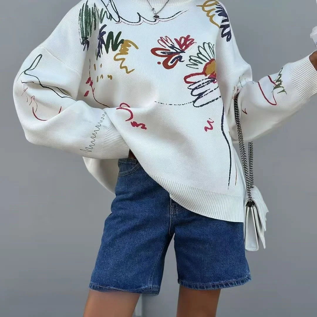 

Модный вязаный свитер с круглым вырезом и длинными рукавами, с вышивкой, свободного кроя, удобный, теплый, осенне-зимний женский топ