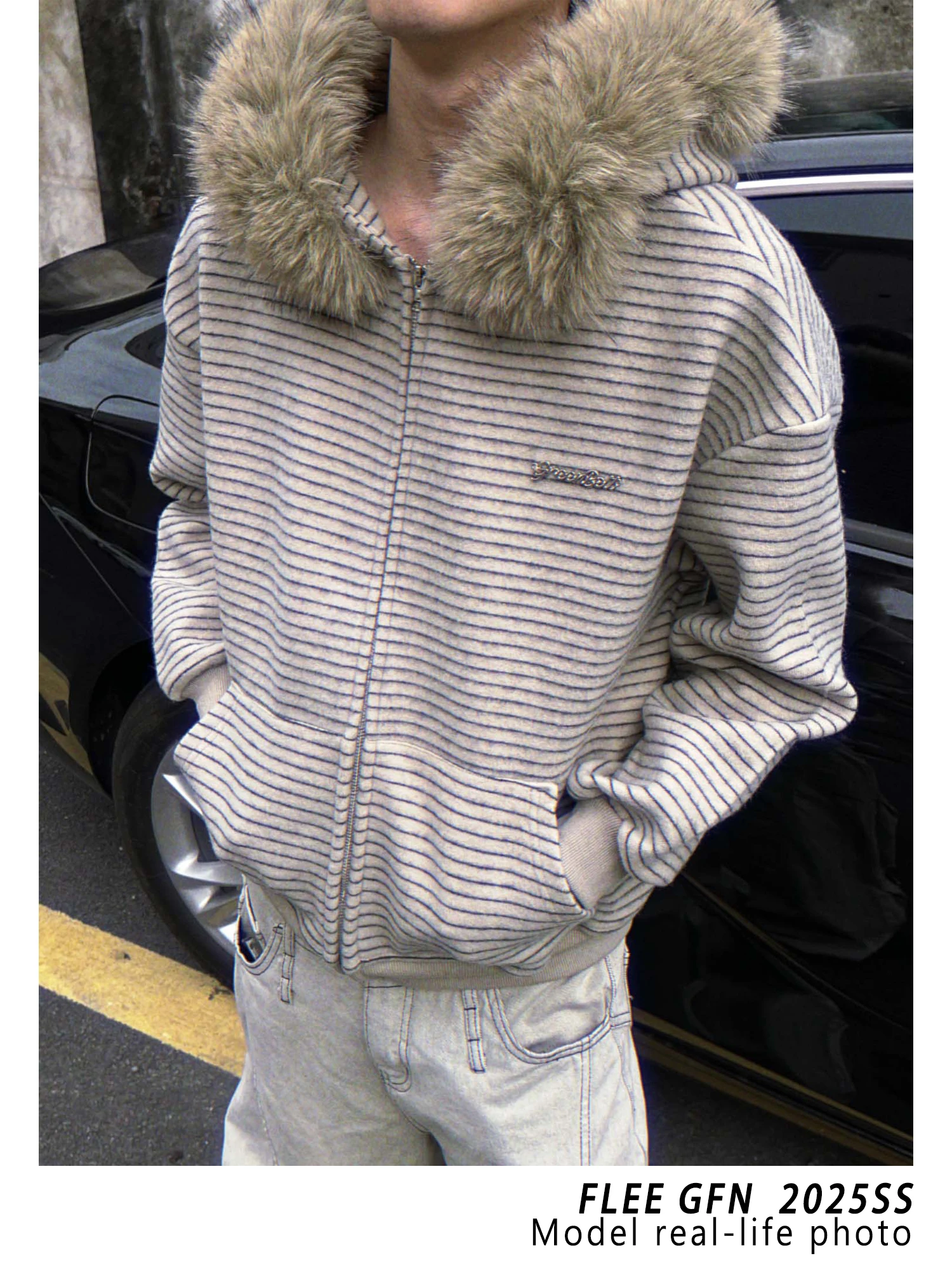 American Retro High Street Fashion Trendy Fur Collar Zipper Hooded Sweatshirt Unisex Loose Casual Jacket