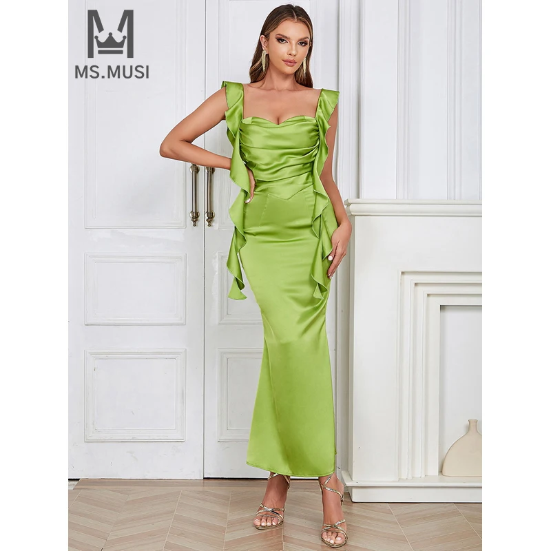 

MSMUSI 2024 New Fashion Women Sexy Strap Ruffles Draped Fold Sleeveless Backless Bodycon Party Club Event Maxi Dress Long Gown