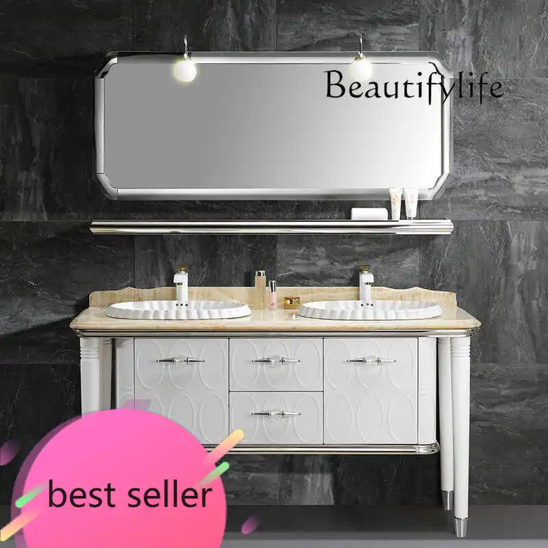 NEW Design French floor to ceiling bathroom cabinet retro stainless steel washbasin cabinet custom double basin marble