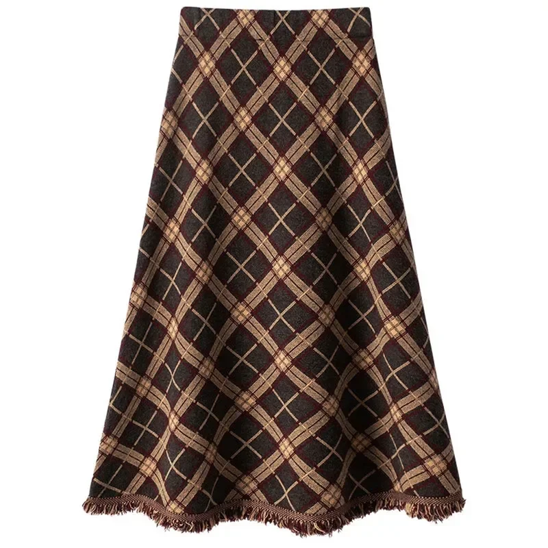 Winter Gebreide Kwastjes A-Lijn Lange Rokken Vrouwen Print Geruite Rok Vrouw Herfst Hoge Taille Warme Rok Elegant Office Lady Saia