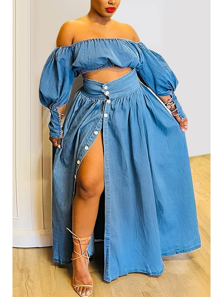 Plus Size Women\'s Casual Off The Shoulder Split Button Two Pieces Demin Skirt Set Lantern Sleeve Vintage Crop Top Matching Set