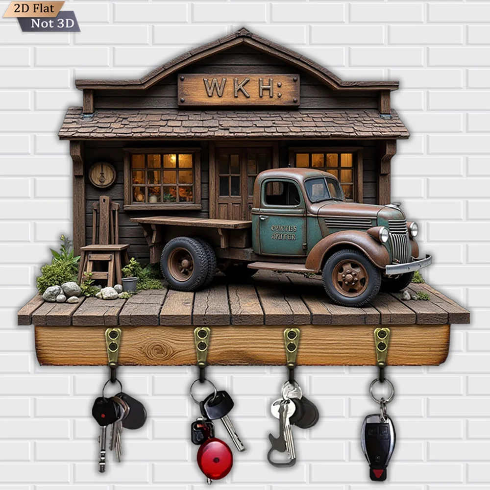 2D flach, 1 Stück, Vintage-Schlüsselhaken mit LKW- und Kabinenmotiv, multifunktionaler Schlüsselhaken aus Holz mit vier Metallhaken, Wanddekoration,