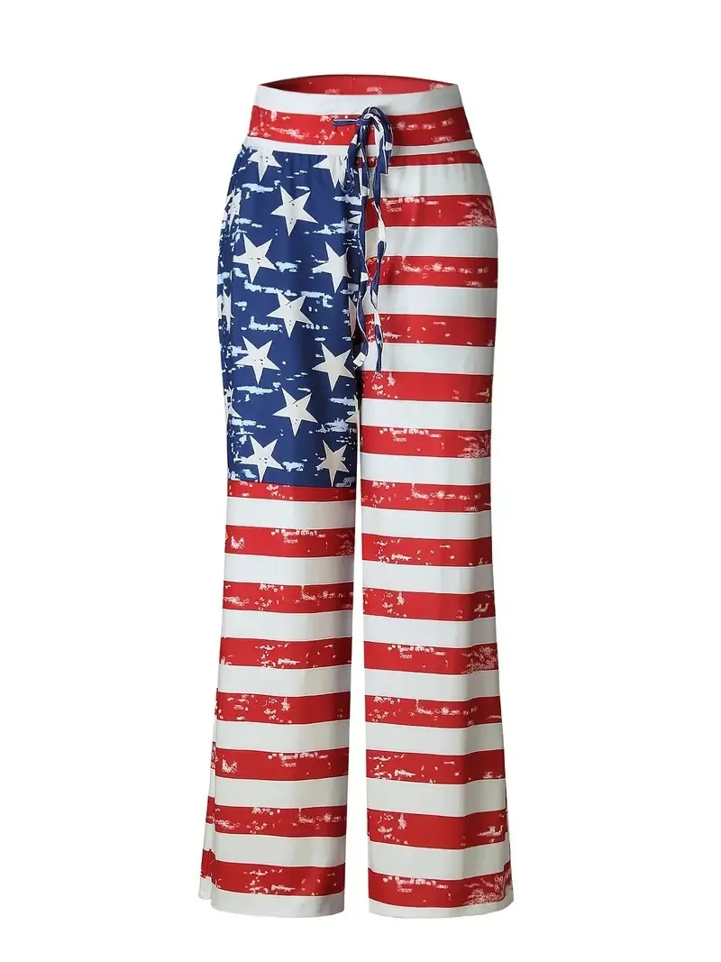 Womens American 3D  Flag Printed Pants Independence Day Printed Pants Casual Pants Loose Pants