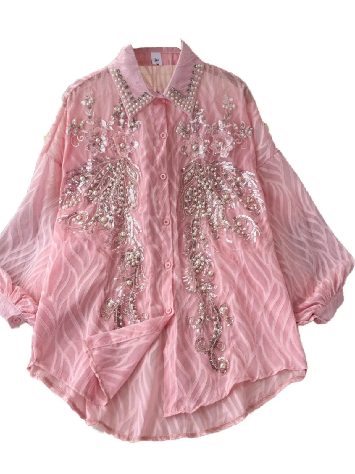 Summer Girl French Heavy Industry Sequin Embroidery Diamond Versatile Age Reduction Shirt New Lantern Sleeve Loose Sunscreen Top