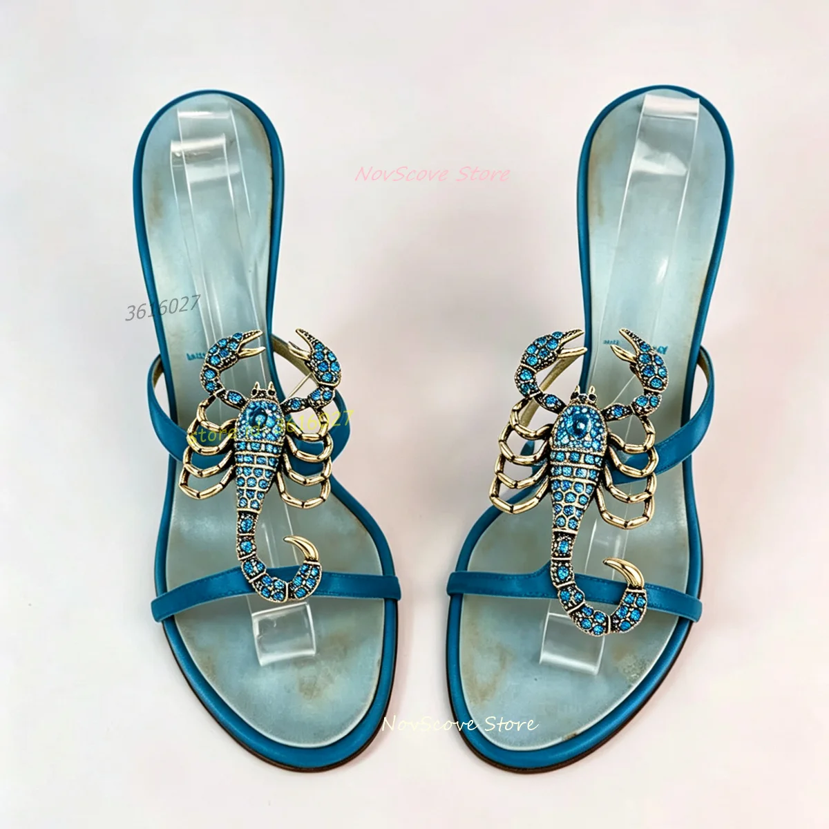 Blue Rhinestone Scorpion Decor Fashion Slippers Open Toe Mules Slip On Stiletto High Heels Shallow Sandals Summer Party Shoes