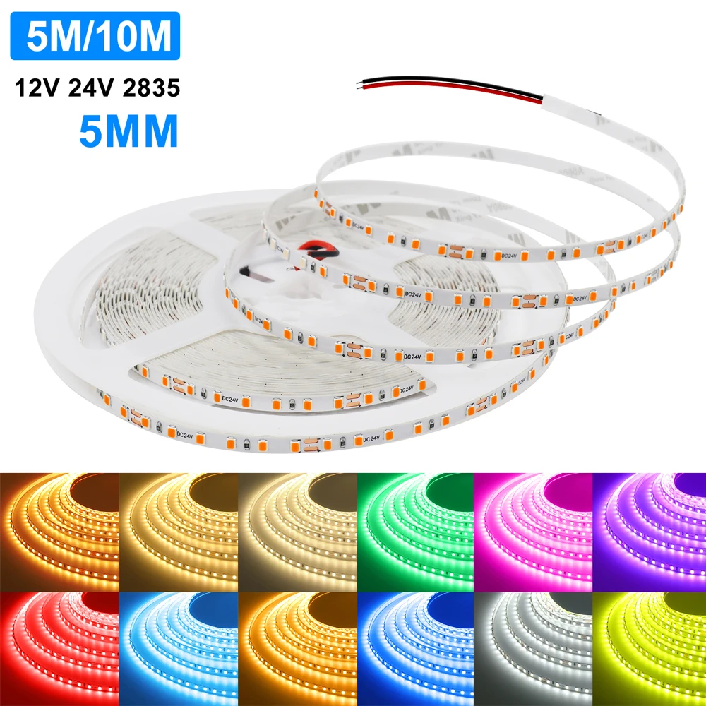 5M 10M LED Strip 2835 DC12V 24V 120LEDs/m 5mm Width Home Lamp Strip Ice Blue Green Yellow Pink Red Orange Flexible Ribbon Light