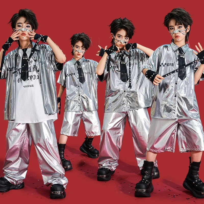 

Boys Street Dance Costume Jazz Outfit Silver Shirt Hip Hop Pants Runways Show Performance Outfit Children Jazz Dancewear AMY2176