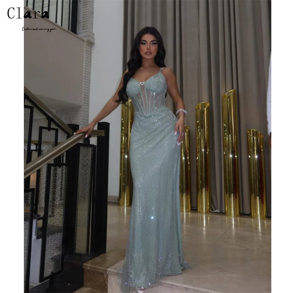 Clara personalizado cintas de espaguete fishtail querida brilhante luxuoso vestidos de noite femininos mulher elegante vestidos de festa 2025 vestido