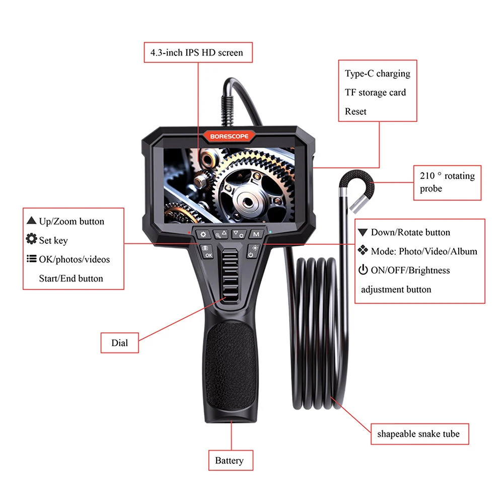 QBH 1080p Dual Lens Digital Industrial Endoscope 6.2mm Handheld Articulating Borescope For Detection Tools Car Inspection