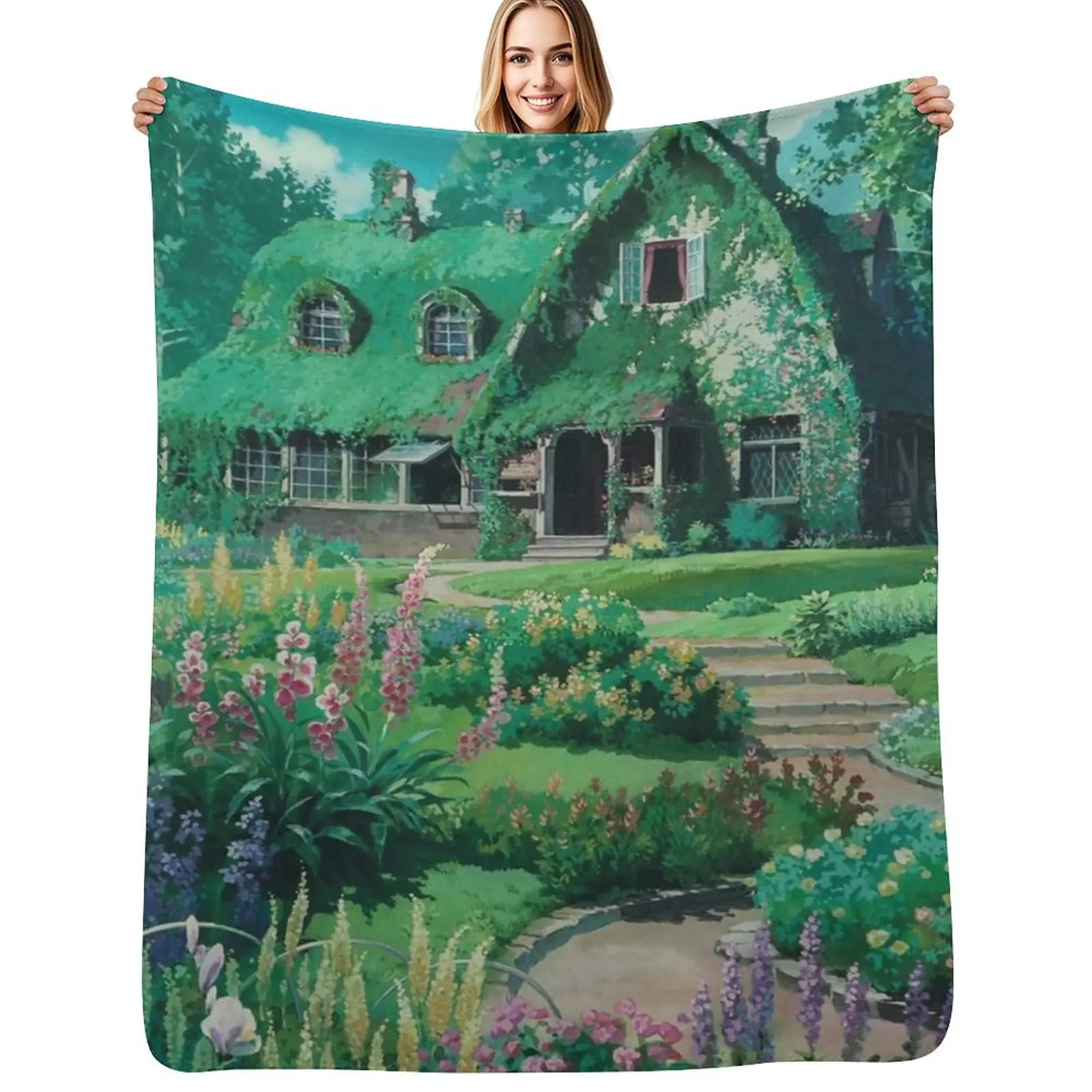 

Anime Movie House with flowers Scenery Throw Blanket Reusable Durable Soft Blanket for All Seasons