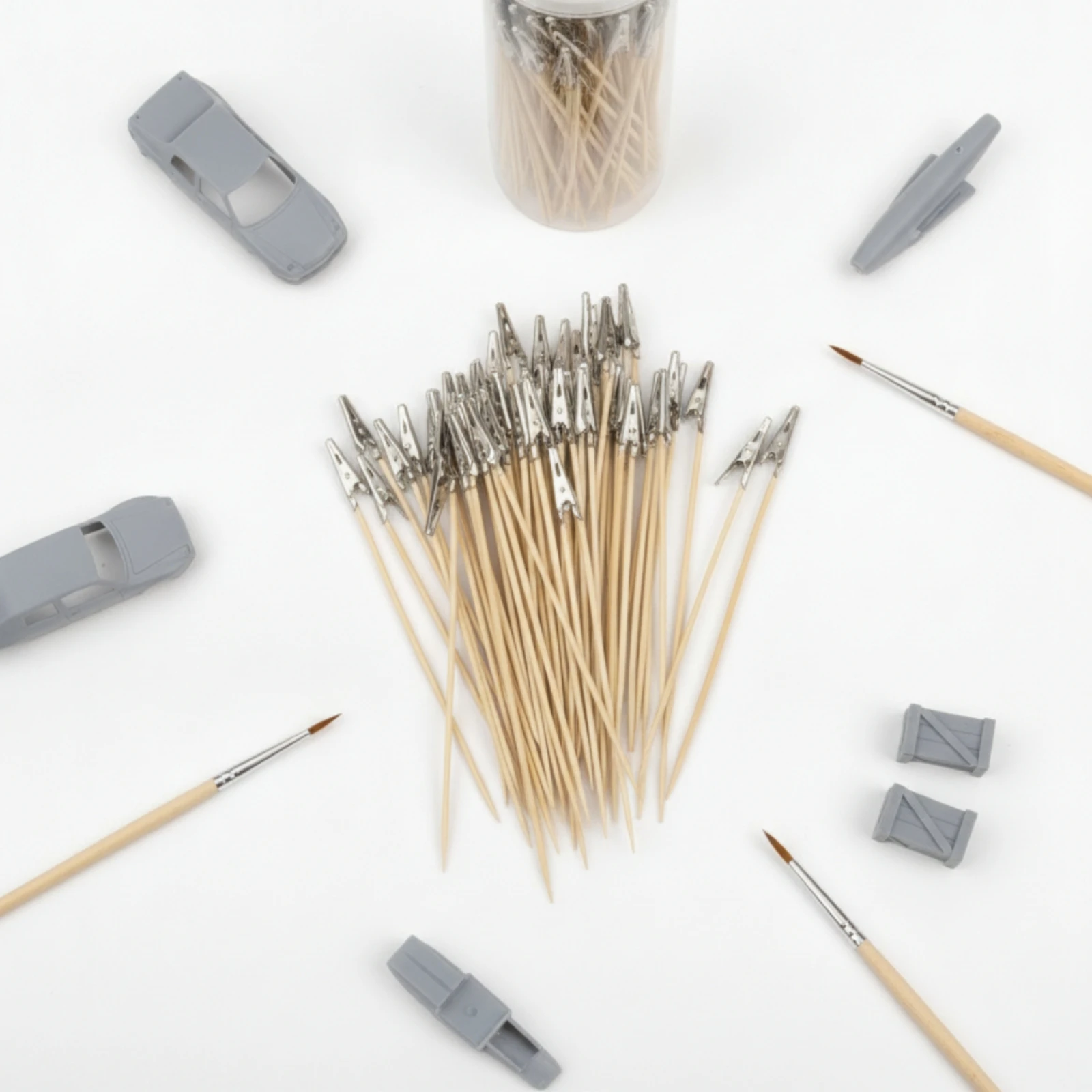 100 Pieces Alligator Clip Stick with Bamboo Handle Compact Model Painting Clip Tool Lightweight Metal for Modelers, Airbrushing