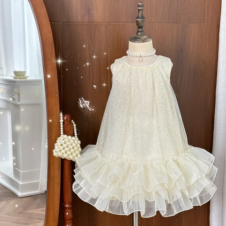 Mädchen Prinzessinnenkleid Sommer 2026 Elegantes Mesh-Glitzer-Geburtstagskleid für Babymädchen Kleines Feenkleid