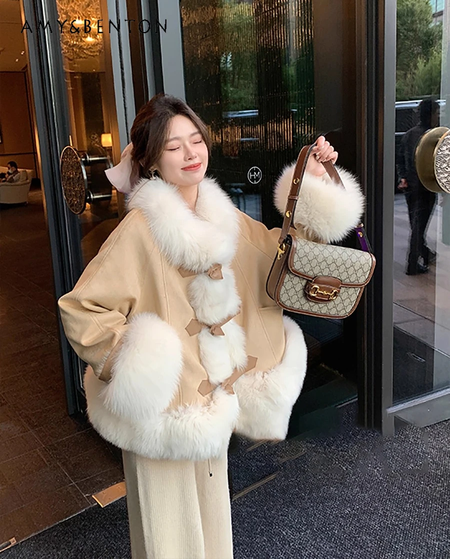 Cappotto invernale da donna in finta pelliccia di volpe scamosciata marrone in cotone manica lunga monopetto giacca ispessita imbottita color caramello
