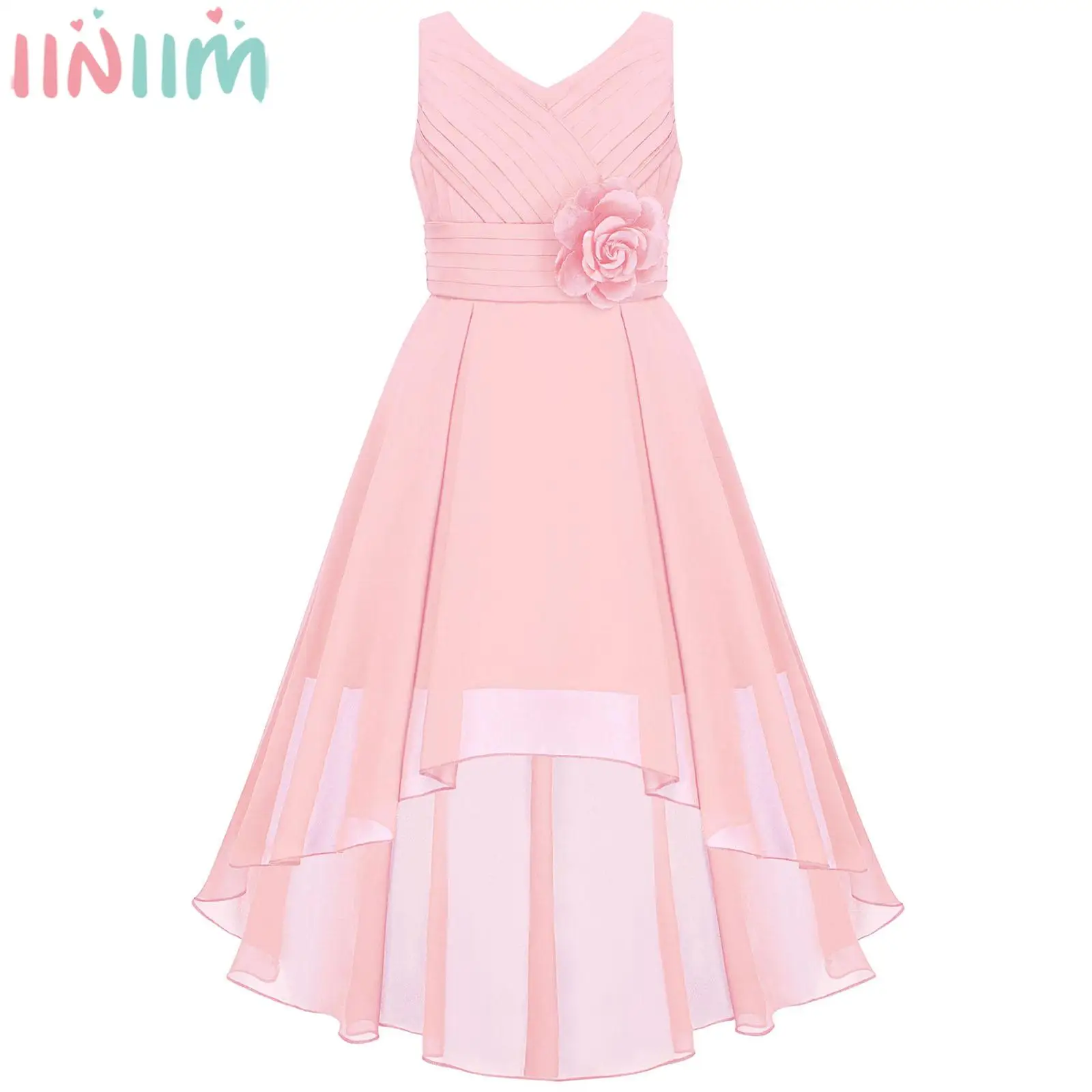 Kids Girls Elegant Chiffon Party Dress Sleeveless V Neck Hi-lo Princess Dress with Flower Pin for Wedding Birthday Prom Evening