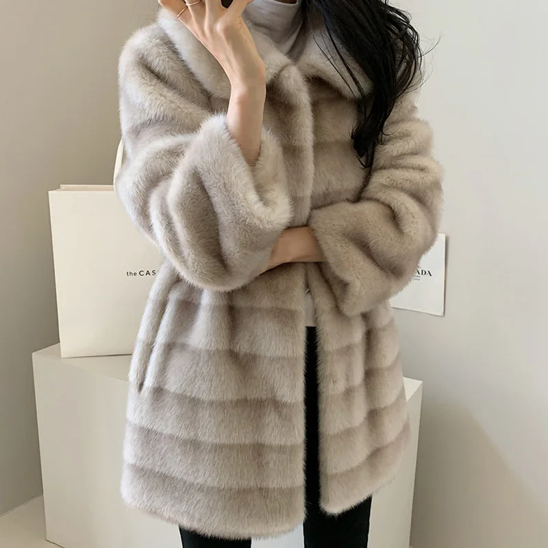 Long Jacket Women Winter 2024 Femme Veste Faux Fur Coat Gradient Mink Turn-down Collar Stripe Clothes Warm Soft Furry Overcoat